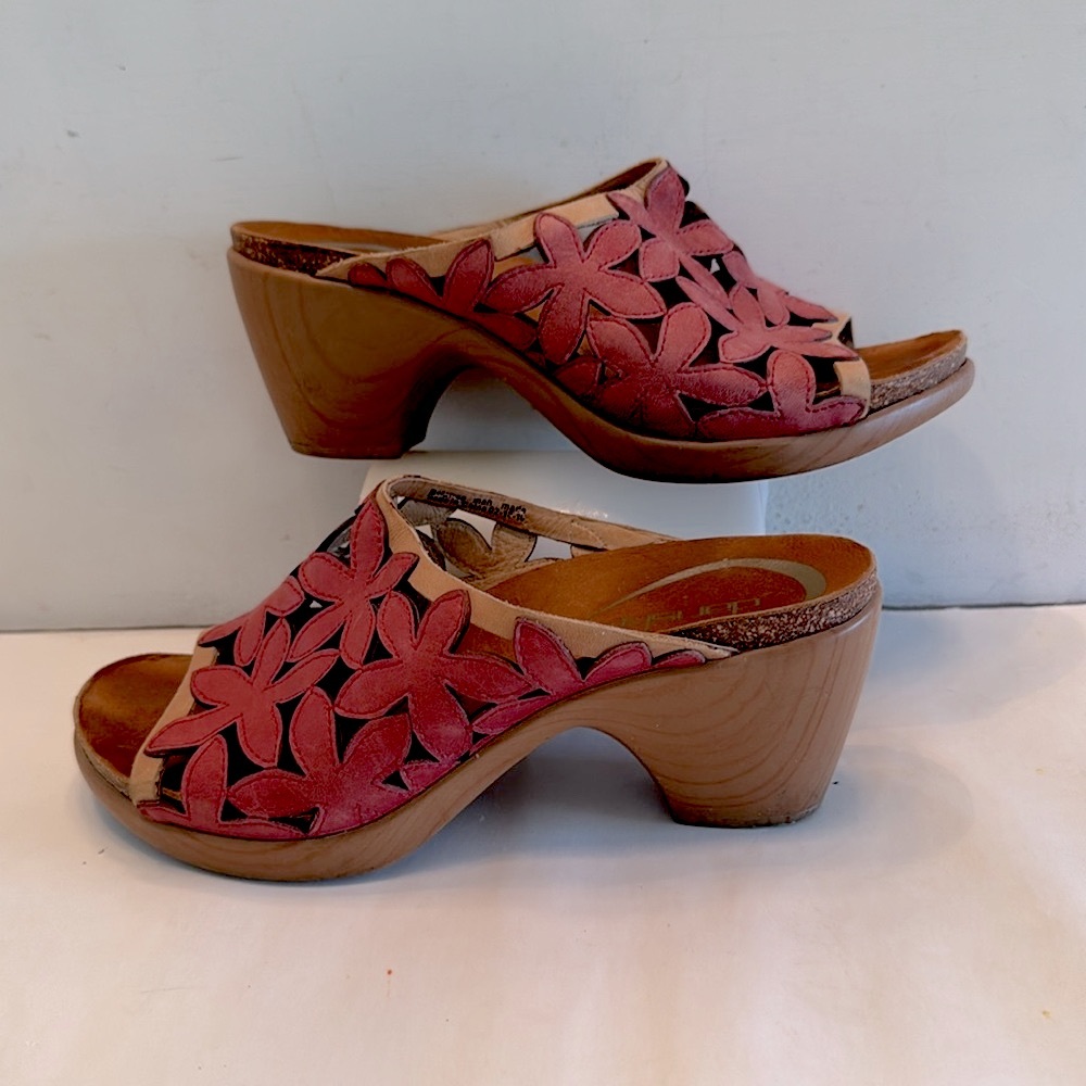 Dansko Clarissa muted red tan leather upper lazer cut clog slip on wedge boho